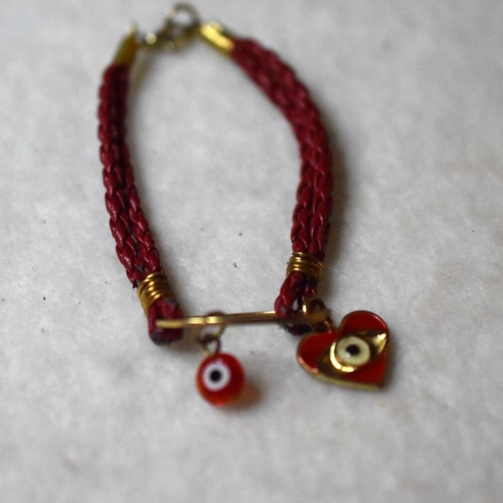 Trendy Red Braided Leather Double Evil Eye/Heart Charm Gold Tone 6.5" Bracelet